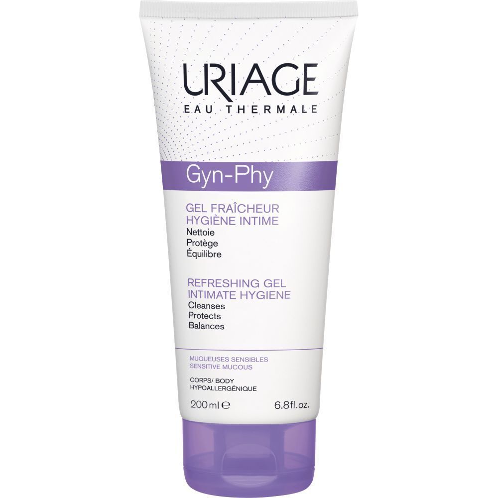 Dos du gel intime Uriage Gyn-Phy. Texte en français. Ingrédients et informations fabricant.