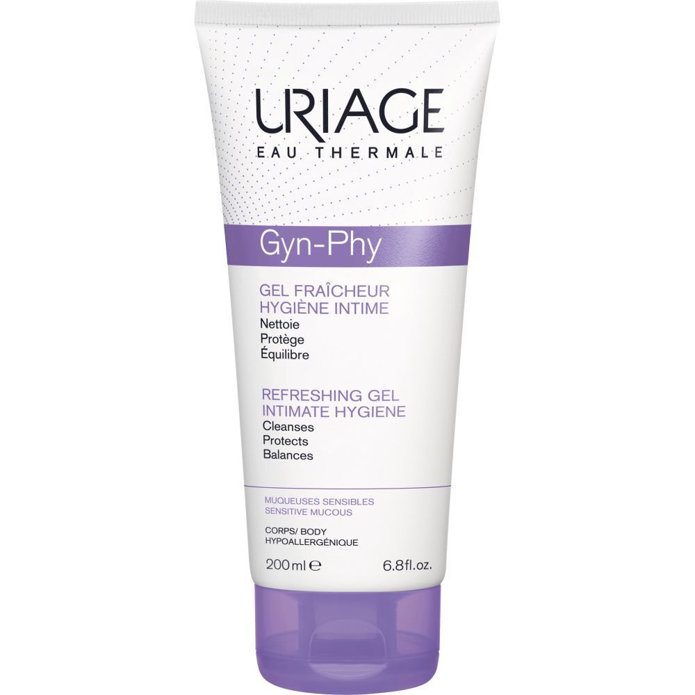 Achterkant Uriage Gyn-Phy gel. Nederlandse tekst. Ingrediënten en fabrikant informatie.