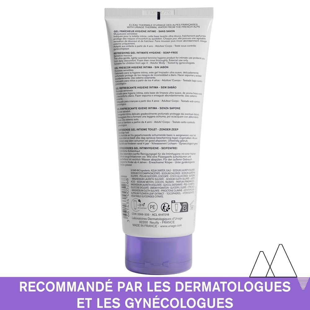 Dos du gel intime Uriage Gyn-Phy. Texte en français. Ingrédients et informations fabricant.