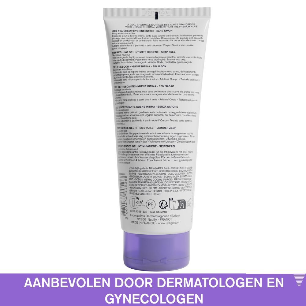 Achterkant Uriage Gyn-Phy gel. Nederlandse tekst. Ingrediënten en fabrikant informatie.