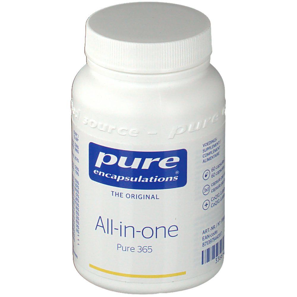 Weiße Flasche mit Schraubverschluss. Aufschrift: pure encapsulations®, All-in-one Pure 365. Enthält 60 Kapseln.