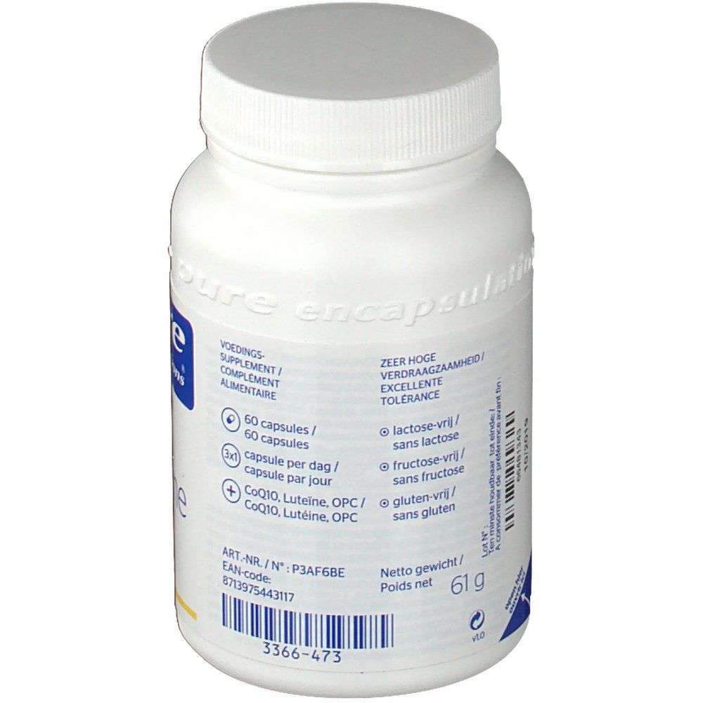 Weiße Flasche mit Schraubverschluss. Rückseite mit Informationen: 60 Kapseln, CoQ10, Lutein, OPC. Ohne Laktose, Fructose und Gluten.