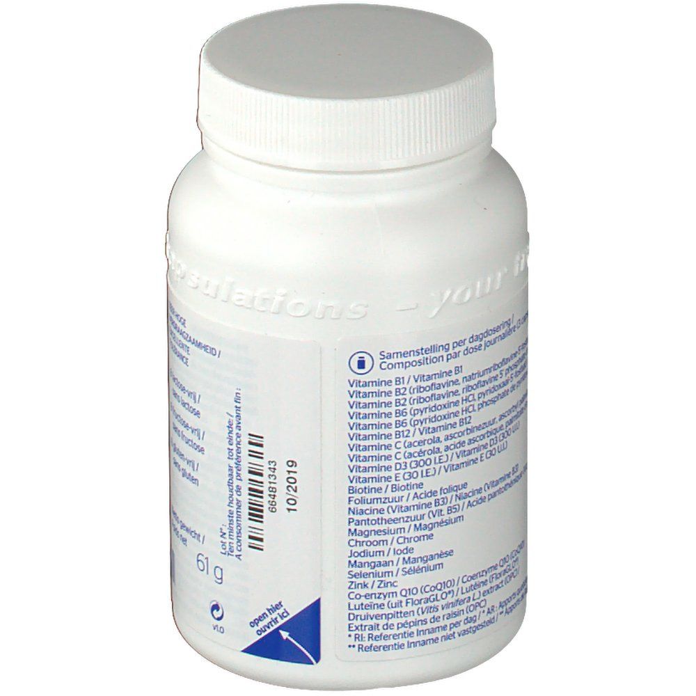 Weiße Flasche mit Schraubverschluss. Rückseite mit Nährwertangaben pro Tagesdosis. Enthält Vitamine und Mineralstoffe. Nettogewicht: 61g.