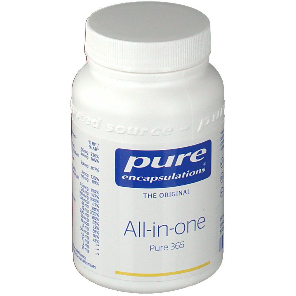 Weiße Flasche mit Schraubverschluss. Aufschrift: pure encapsulations®, All-in-one Pure 365. Enthält Nährwertangaben.
