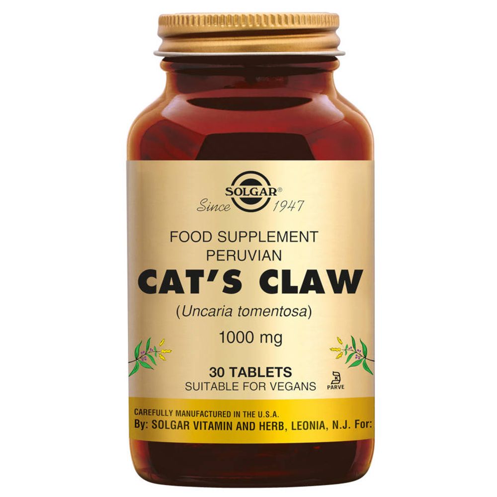 Flacon en verre brun avec couvercle doré. Étiquette avec nom du produit: Cat's Claw 1000 mg, 30 comprimés. Marque: Solgar.