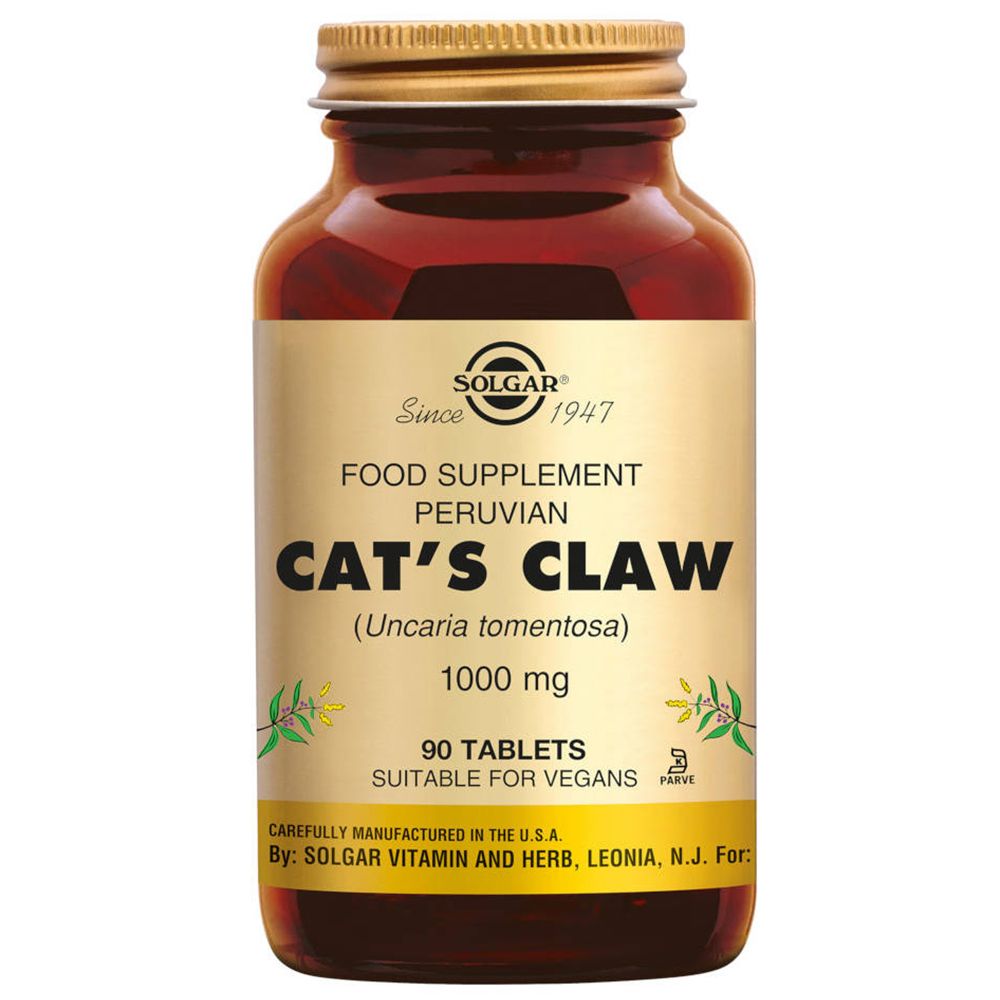 Flacon en verre brun avec couvercle doré. Étiquette avec nom du produit et marque Solgar. 90 comprimés, 1000 mg.