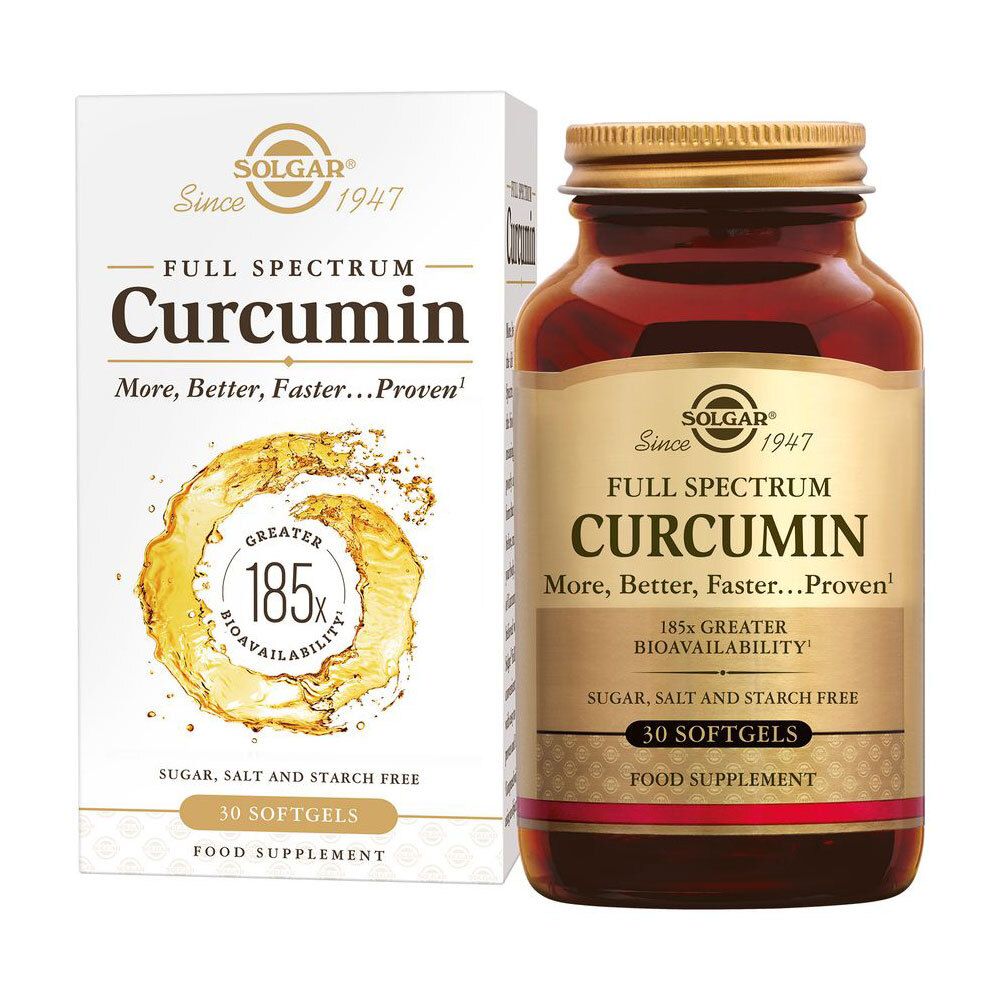 Productverpakking met fles en doos. Fles: "Full Spectrum Curcumin". Doos: "SOLGAR" en "30 Softgels".
