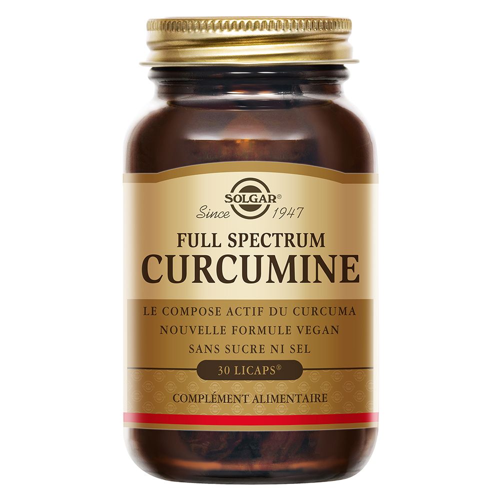 Bruine glazen fles met gouden dop. Etiket met "Full Spectrum Curcumin" en SOLGAR-logo. Rode streep onderaan.