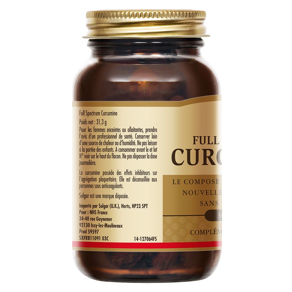 Achterkant van de bruine fles met gouden dop. Etiket met tekst, waaronder "Full Spectrum Curcumin" en "SOLGAR".