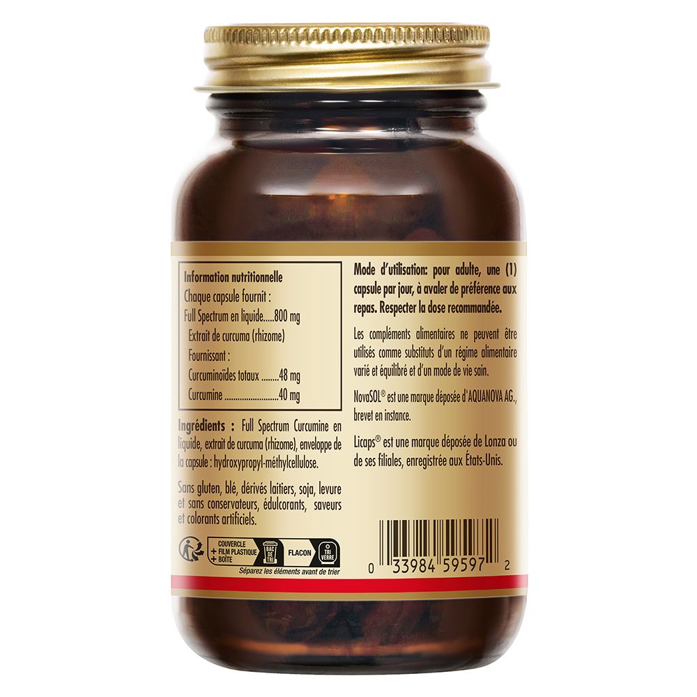 Achterkant van de bruine fles met gouden dop. Etiket met voedingsinformatie en ingrediënten. SOLGAR-logo.