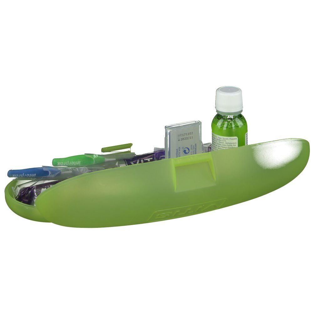 Groene etui met mondspoeling, tandpasta, tandenborstels, Interprox-borstels en accessoires. VITIS®-logo zichtbaar.