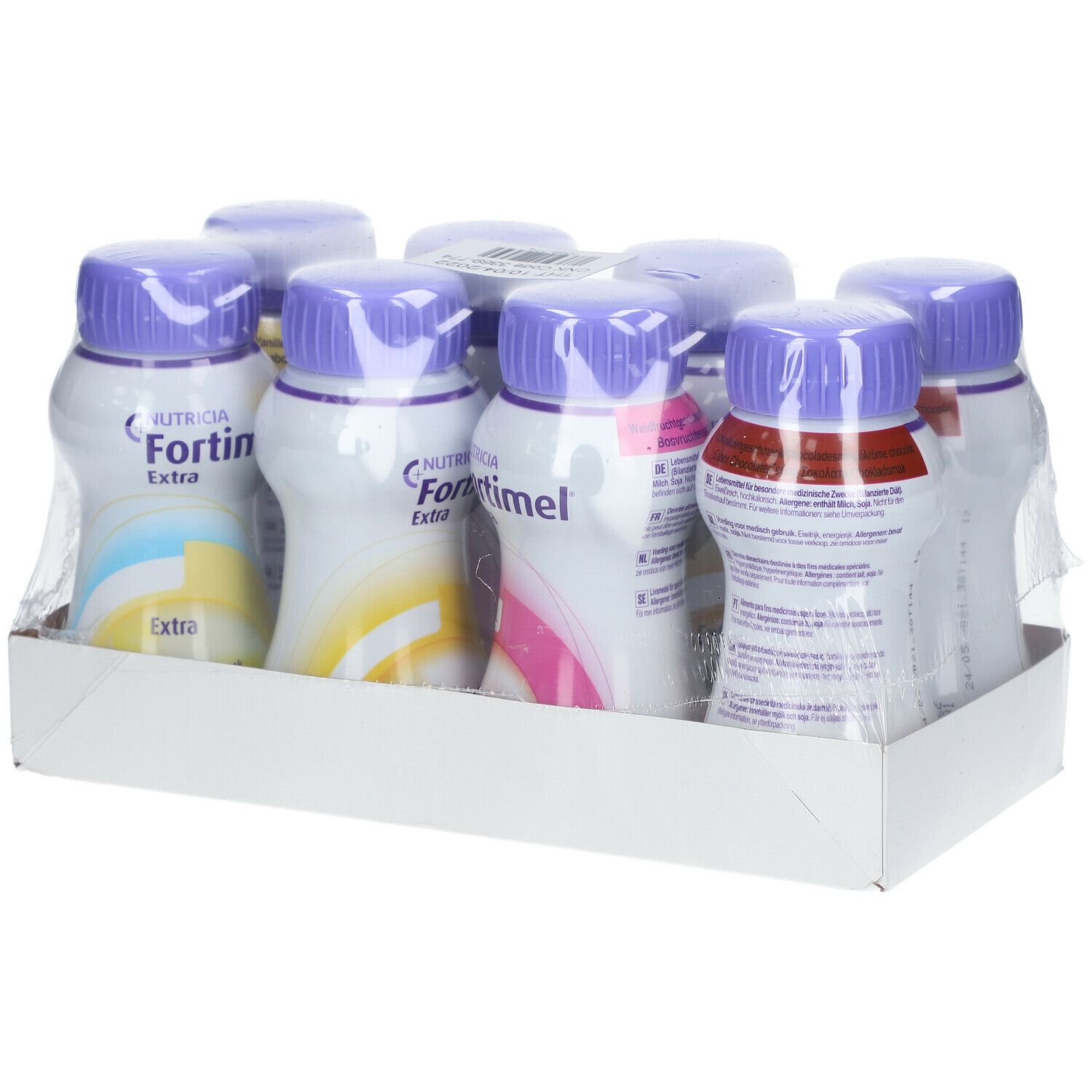 Verpakking met flessen Fortimel Extra. Flessen verpakt in folie.