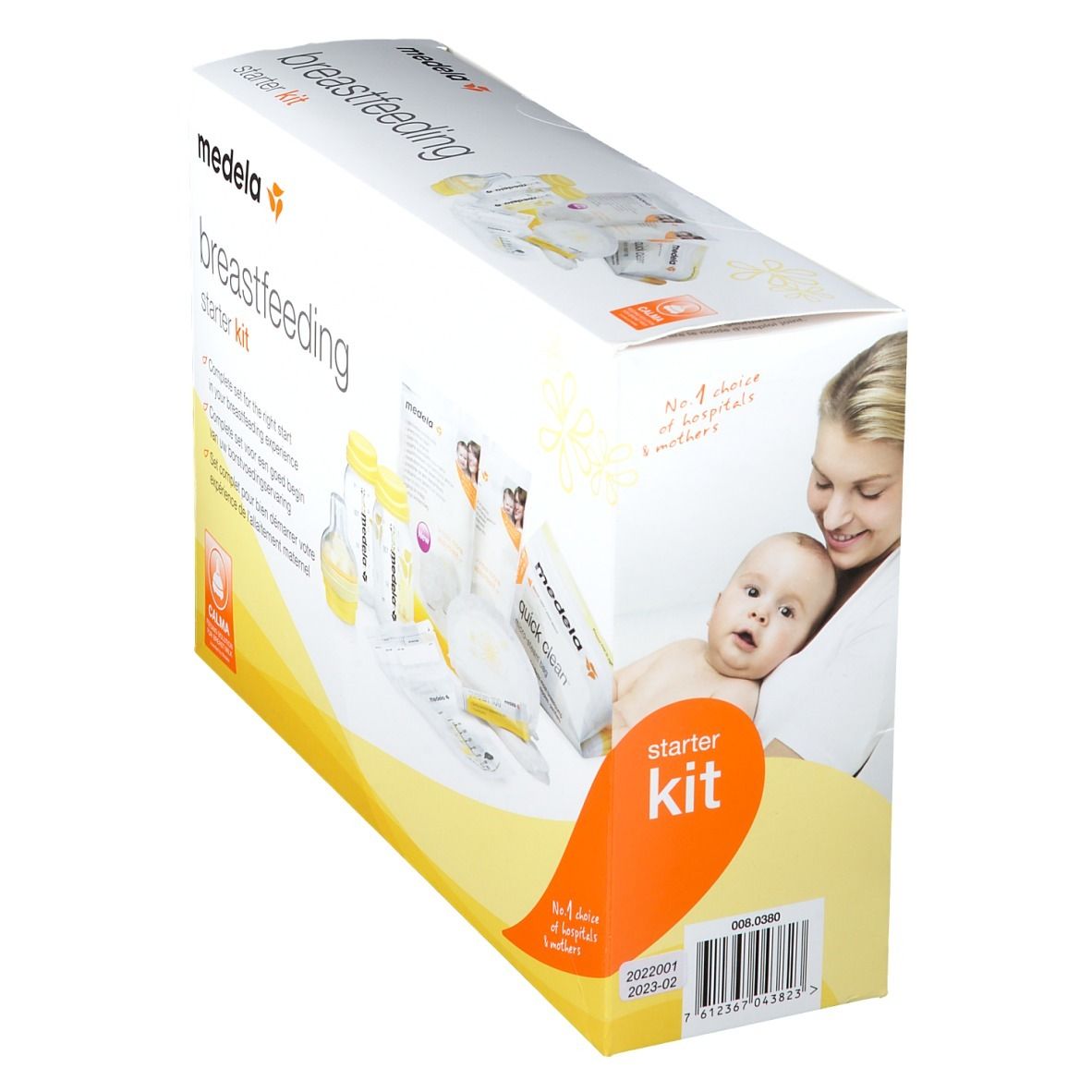 Medela Breastfeeding Starter Kit. Schuine weergave van de verpakking. Toont productafbeeldingen en tekst. Bevat flessen, spenen, compressen.