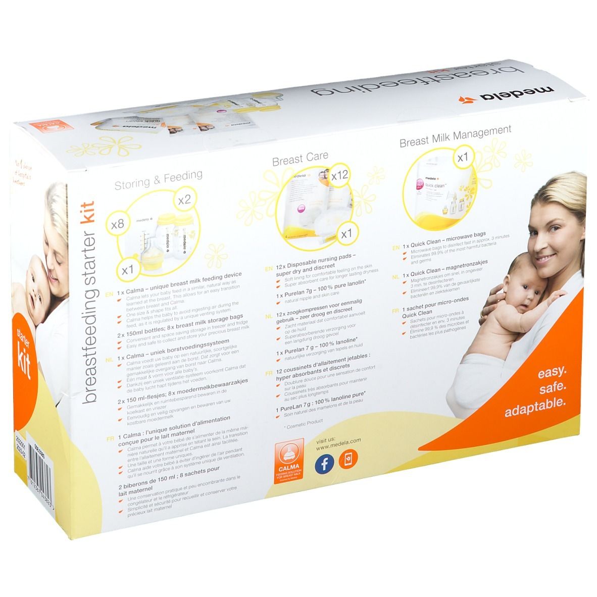 Achterkant van de Medela Breastfeeding Starter Kit. Bevat productafbeeldingen en tekst. Toont componenten zoals flessen, compressen en meer.