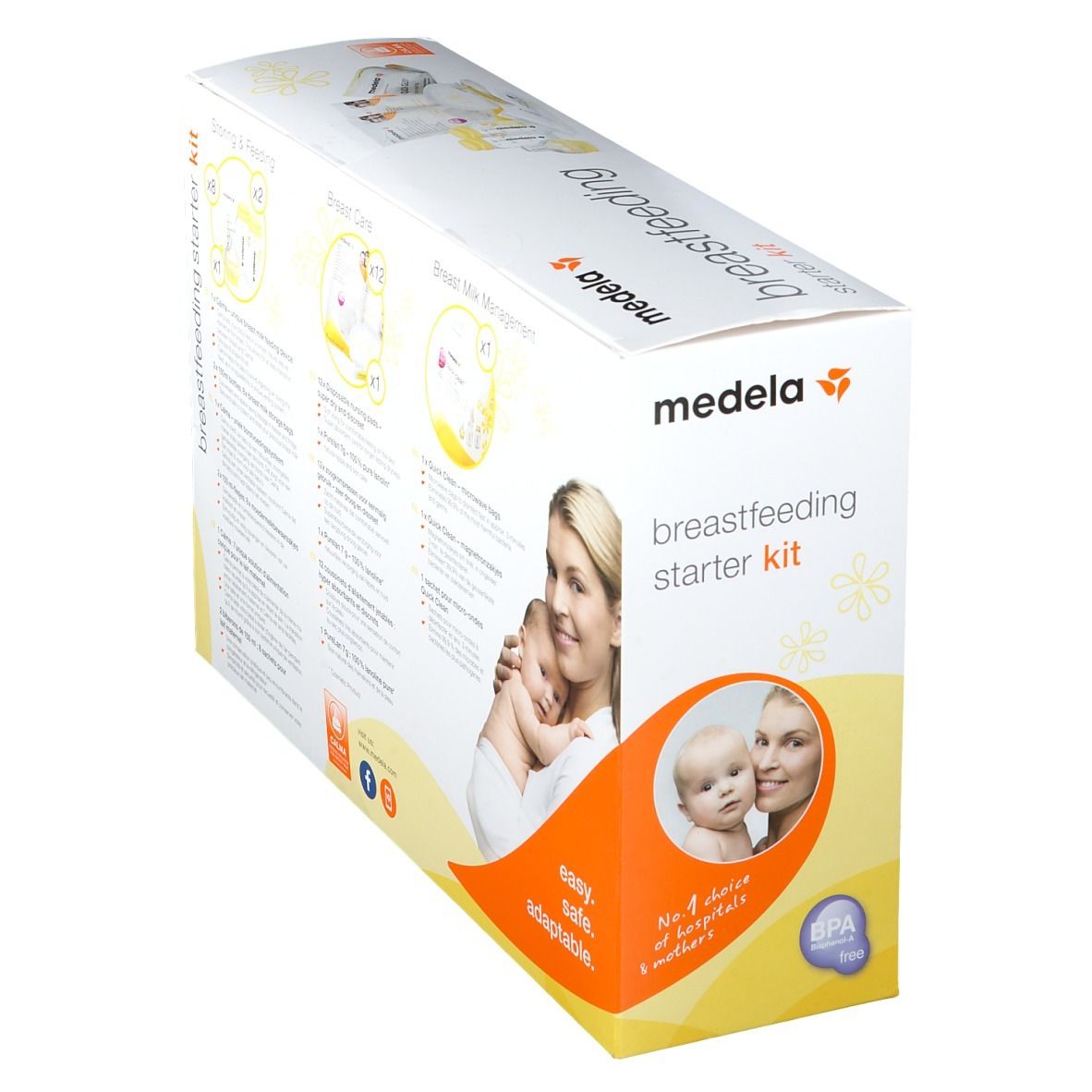 Medela Breastfeeding Starter Kit. Schuine weergave van de verpakking. Toont productafbeeldingen en tekst. Bevat flessen, spenen, compressen.