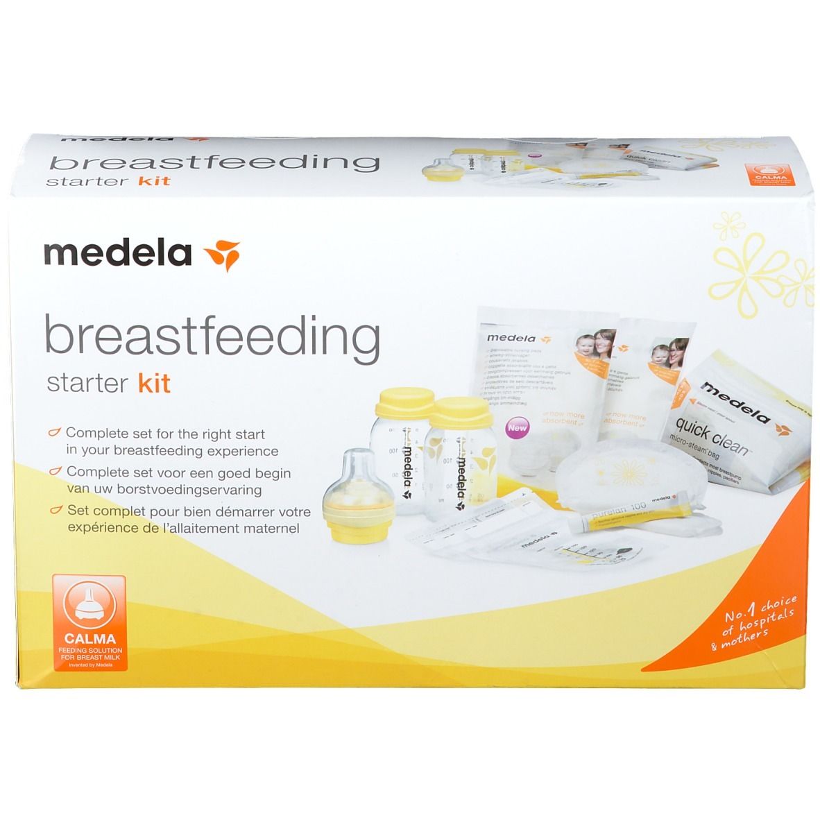 Medela Breastfeeding Starter Kit. Doos met productafbeeldingen en tekst. Bevat flessen, spenen, zoogcompressen en andere items.