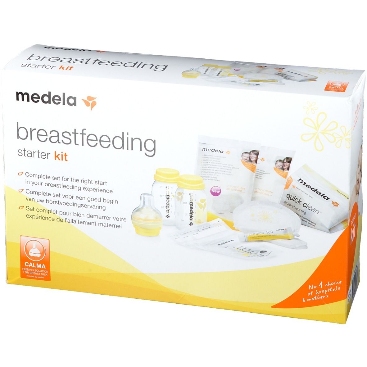 Medela Breastfeeding Starter Kit. Doos met productafbeeldingen en tekst. Bevat flessen, spenen, zoogcompressen en andere items.