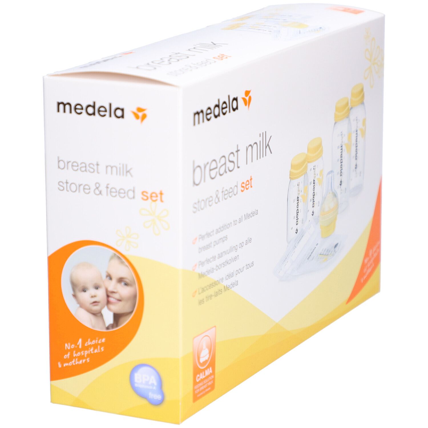 Set Medela pour conserver et nourrir. Emballage avec biberons, tétine et bébé. Logo et texte sur l'emballage.