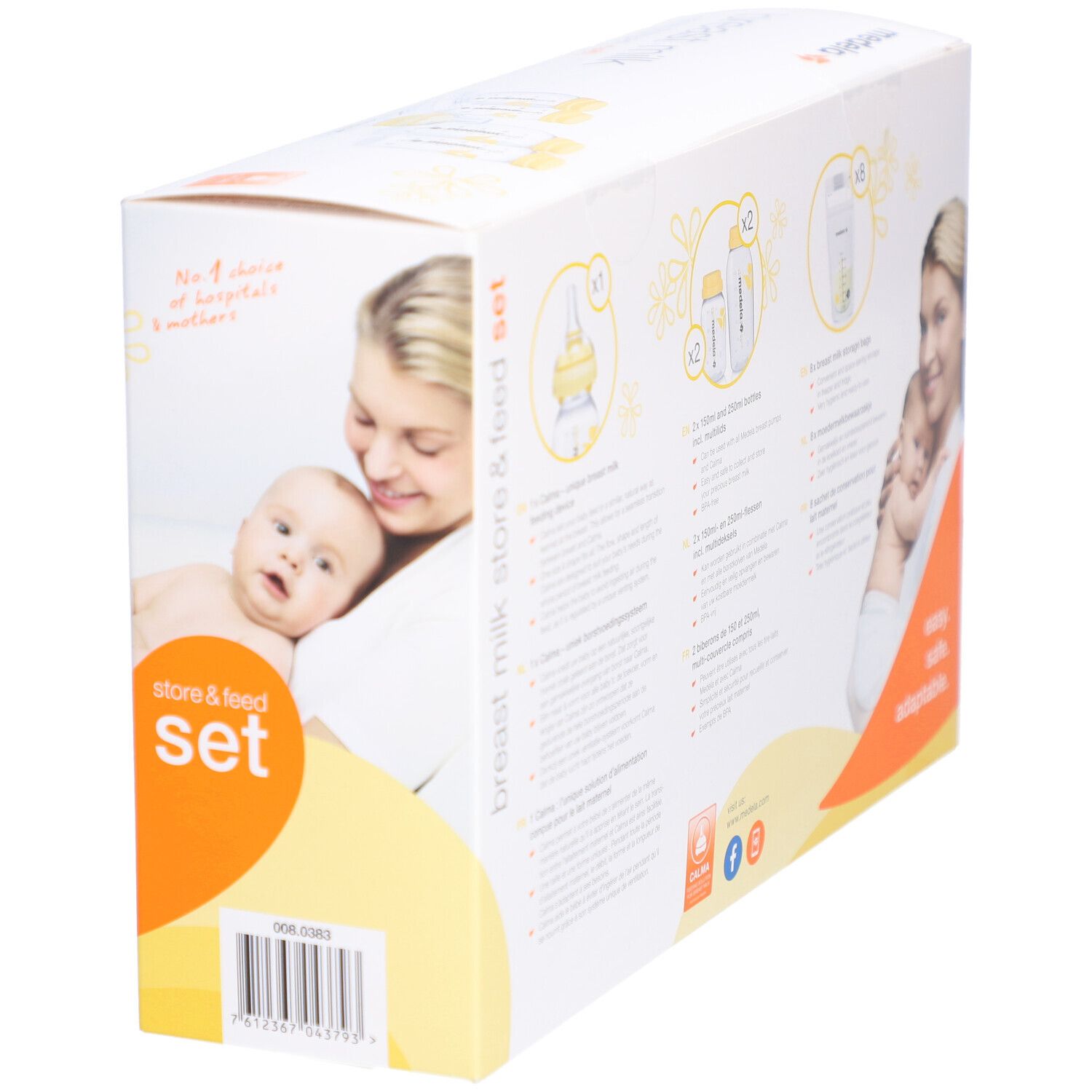 Emballage du set Medela pour conserver et nourrir. Bébé avec mère. Texte et logo. Code-barres.