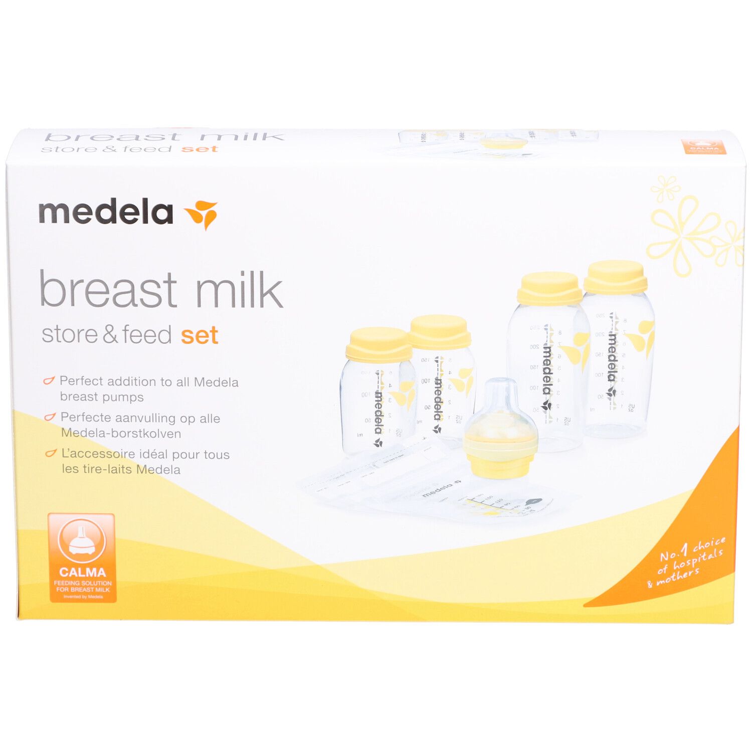 Set Medela pour conserver et nourrir. Biberons, tétines et accessoires. Éléments jaunes et transparents. Emballage avec logo.