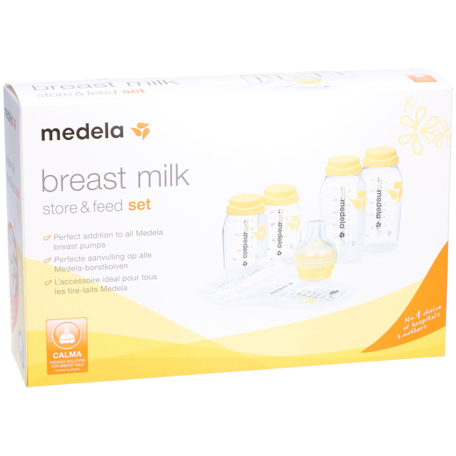 Set Medela pour conserver et nourrir. Biberons, tétines et accessoires. Éléments jaunes et transparents. Emballage avec logo.
