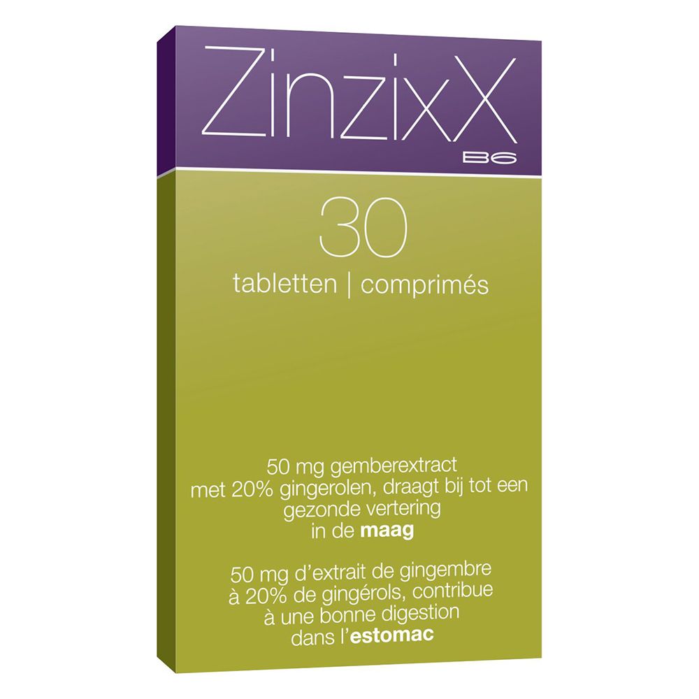 Boîte de ZinziXX B6 avec 30 comprimés. Boîte verte et violette avec informations.