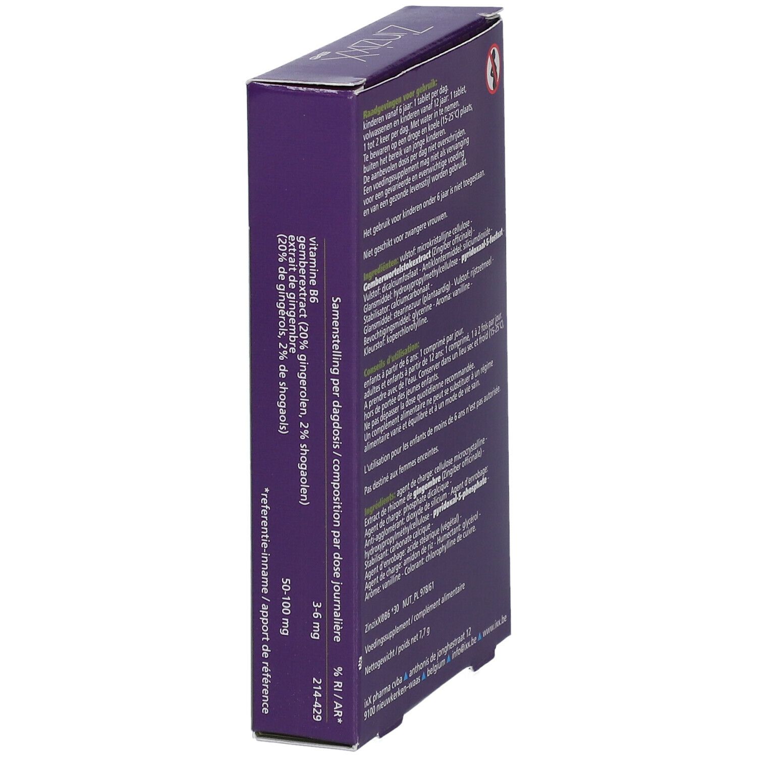 Vue latérale de la boîte ZinziXX B6. Contient des informations sur les ingrédients et le dosage.