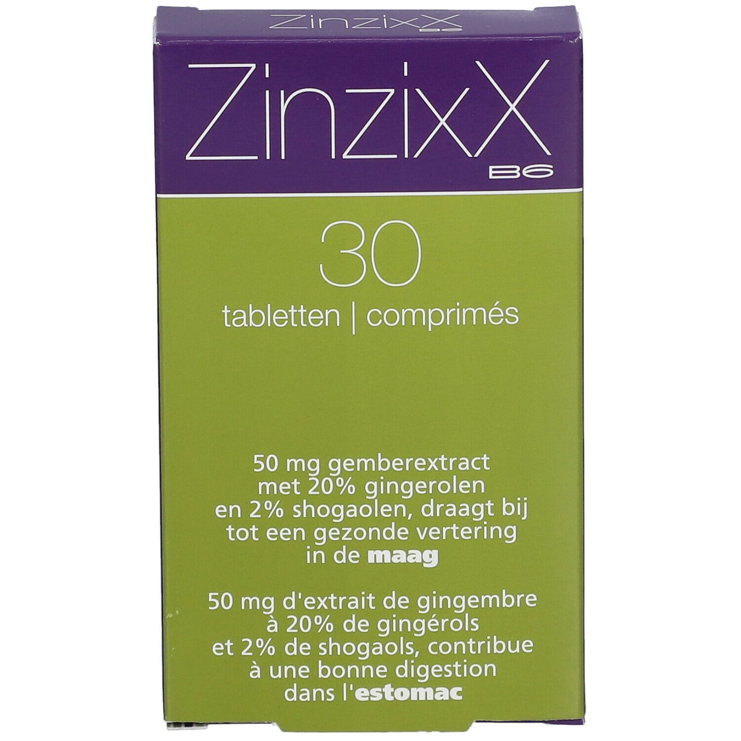 Boîte de ZinziXX B6 avec 30 comprimés. Boîte verte et violette avec informations.
