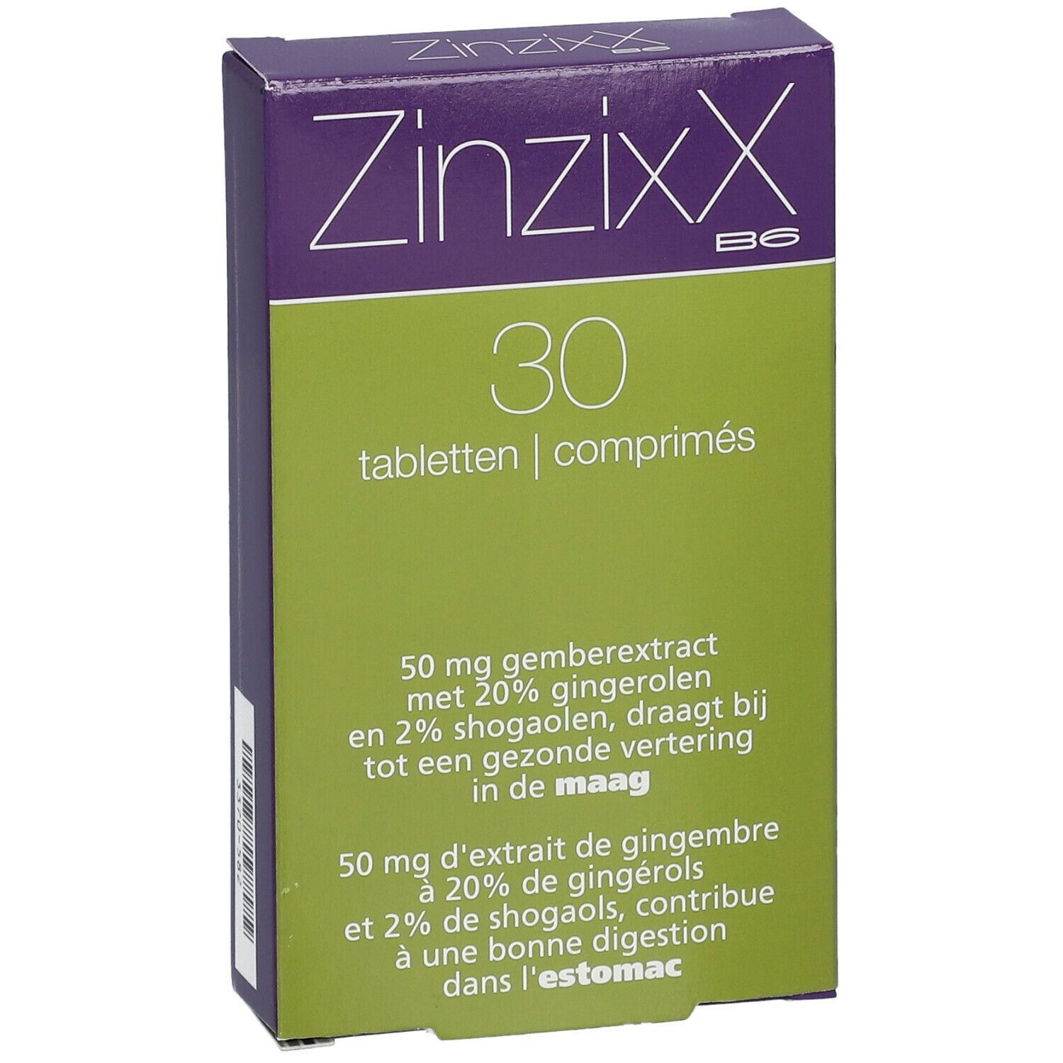 Boîte de ZinziXX B6 avec 30 comprimés. Boîte verte et violette avec informations.