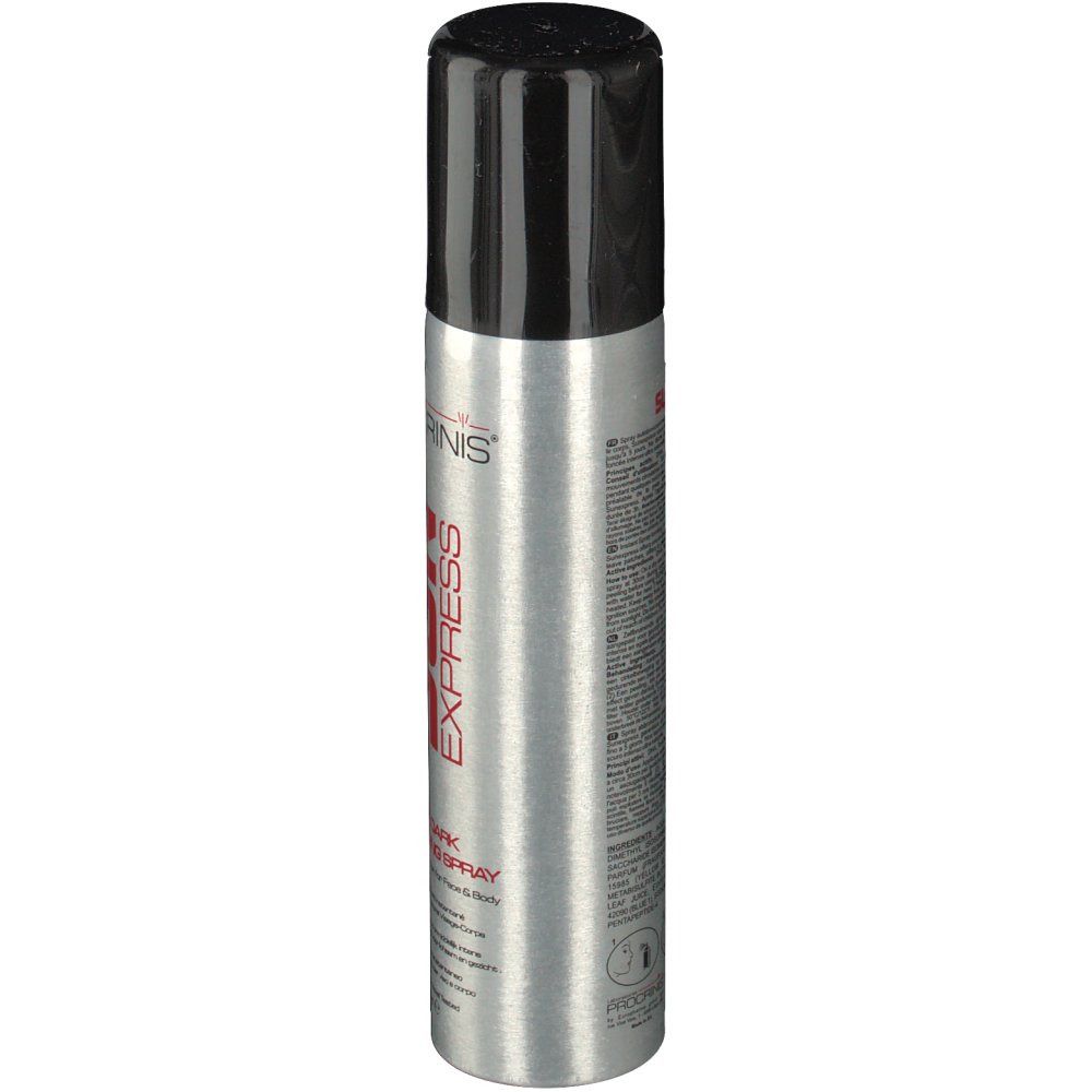 Flacon spray argenté avec bouchon noir. Inscription rouge SUN EXPRESS. Nom du produit et texte.