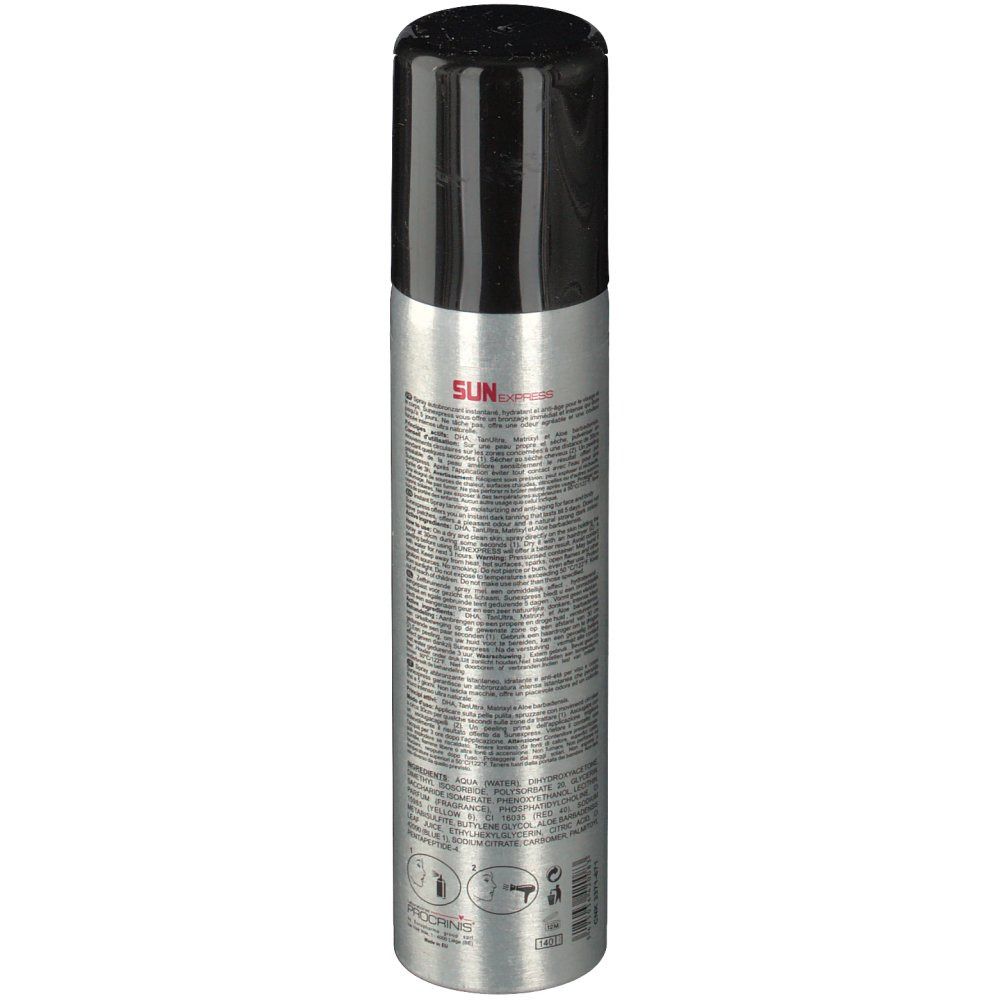 Dos d'un flacon spray argenté avec bouchon noir. Texte en plusieurs langues. Informations sur le produit.