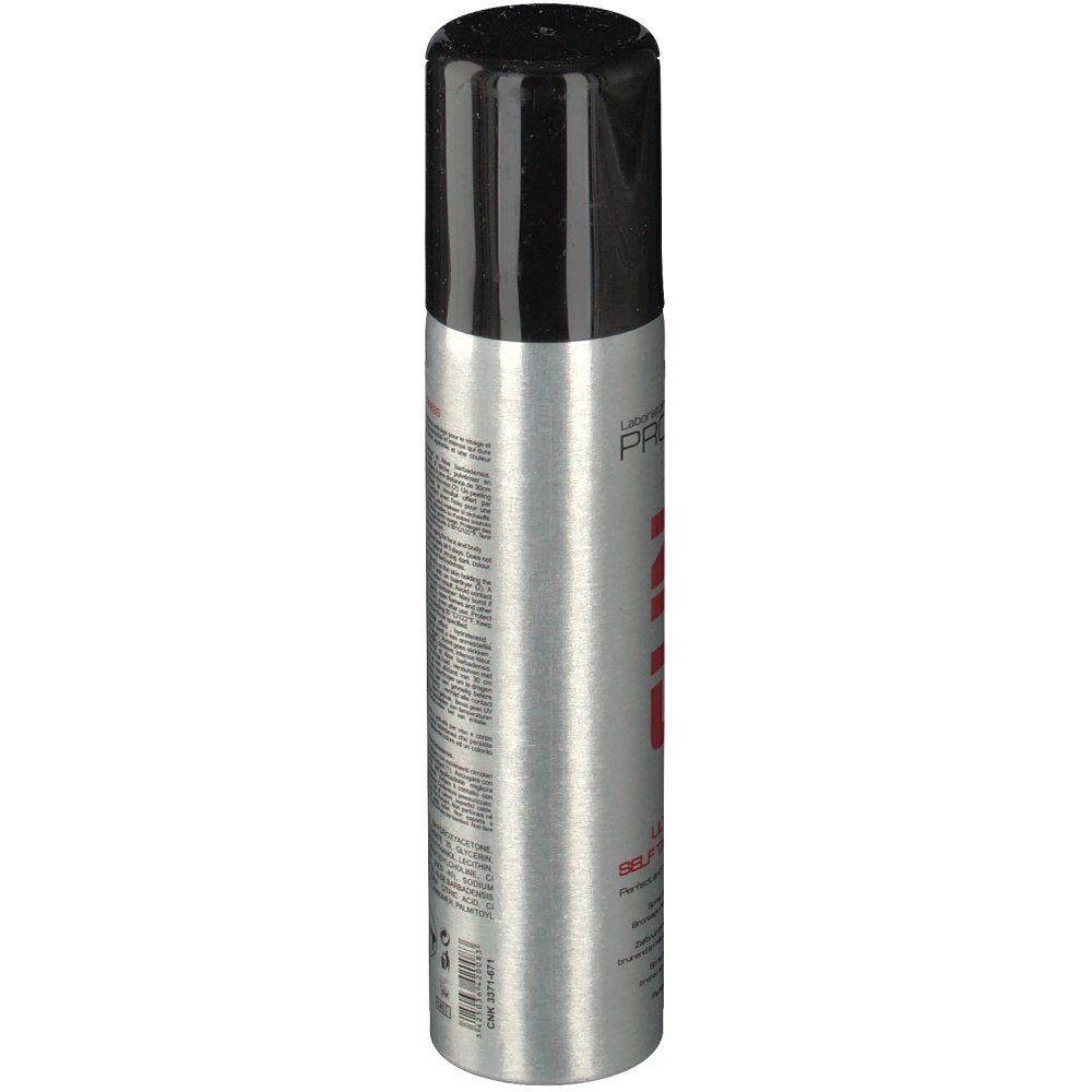 Flacon spray argenté avec bouchon noir. Texte et nom du produit. Code-barres et autres informations.