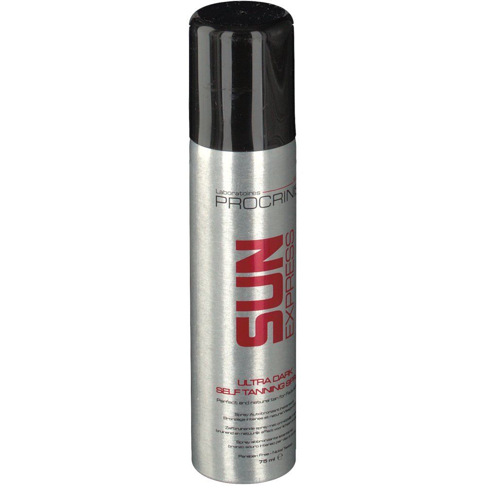 Flacon spray argenté avec bouchon noir. Inscription rouge SUN EXPRESS. Nom du produit et texte.
