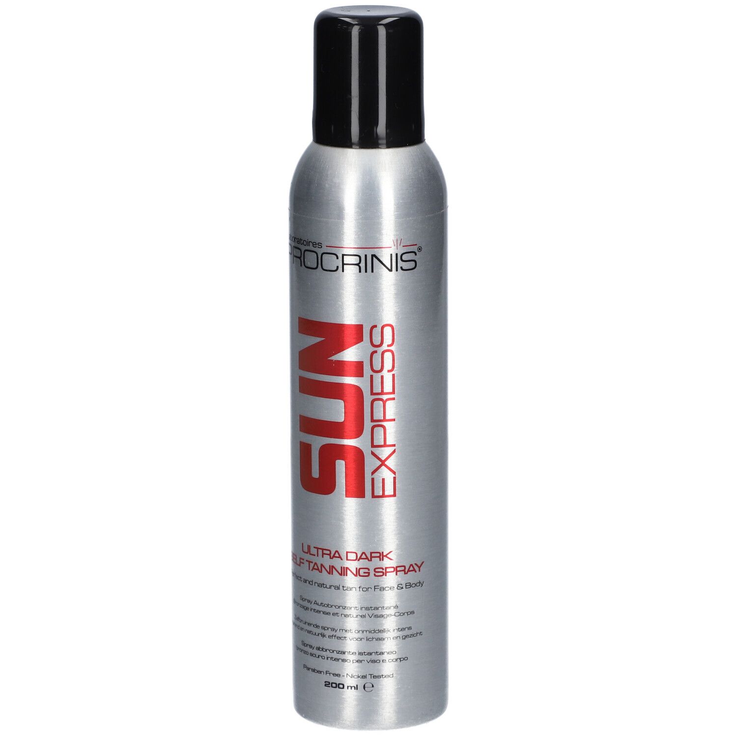 Silberne Sprühflasche mit schwarzem Deckel. Roter Schriftzug SUN EXPRESS, darunter ULTRA DARK SELF TANNING SPRAY.