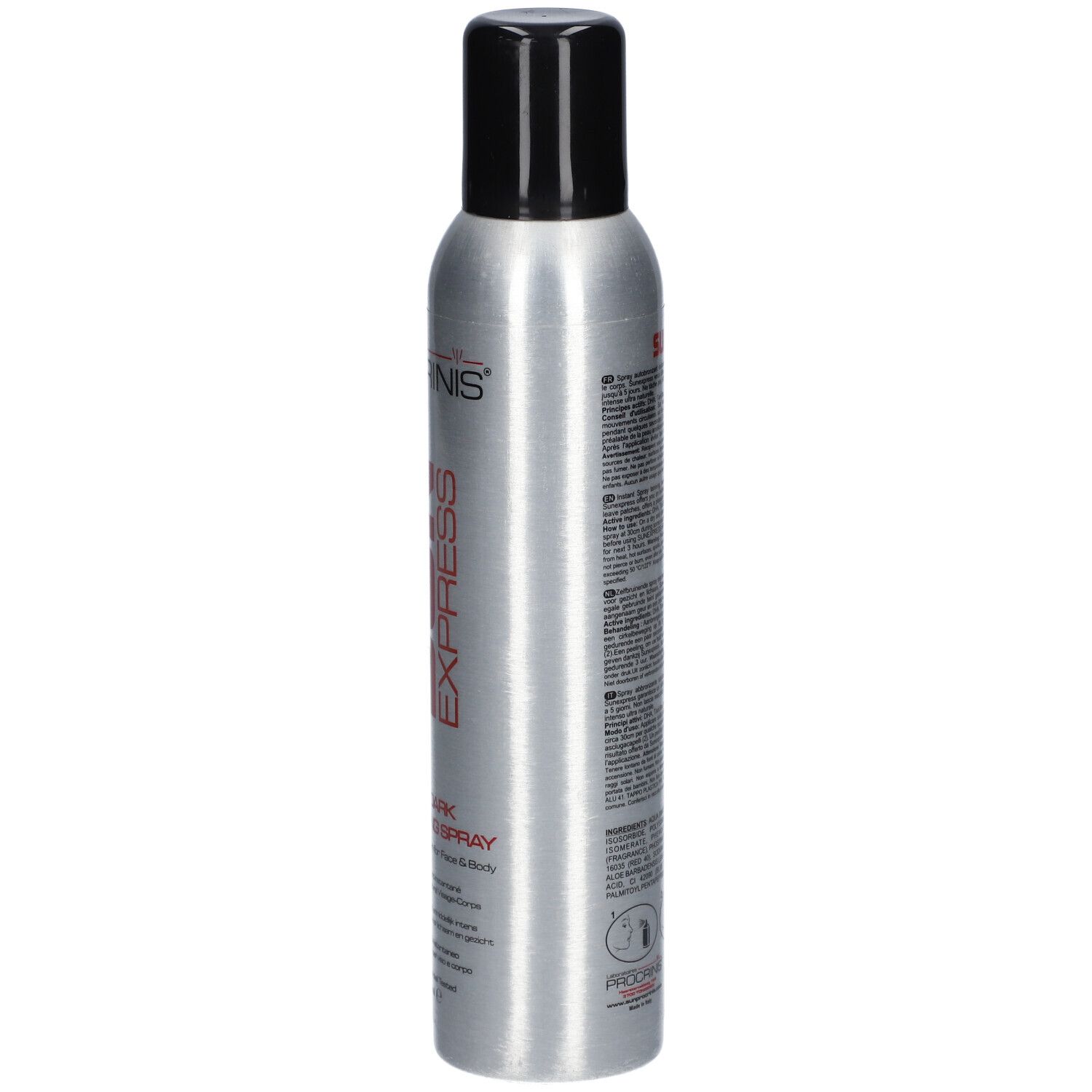 Silberne Sprühflasche mit schwarzem Deckel. Roter Schriftzug SUN EXPRESS, darunter ULTRA DARK SELF TANNING SPRAY.