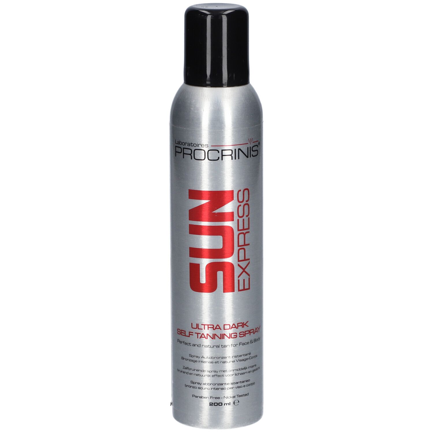 Silberne Sprühflasche mit schwarzem Deckel. Roter Schriftzug SUN EXPRESS, darunter ULTRA DARK SELF TANNING SPRAY.