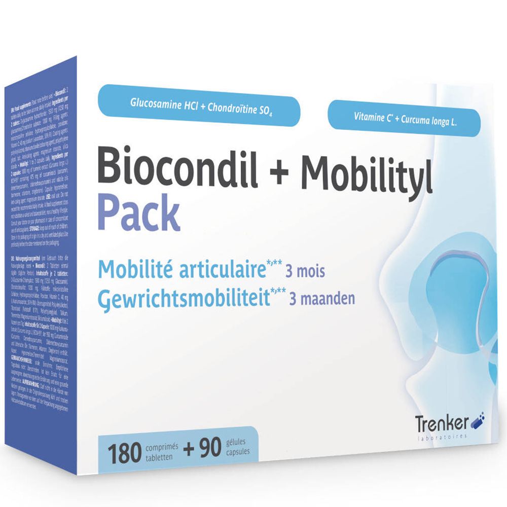 Boîte Biocondil + Mobilityl. Contient 180 comprimés et 90 gélules. Contient glucosamine, chondroïtine, vitamine C et curcuma longa.