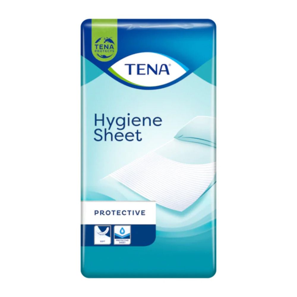 Emballage de protection de lit TENA. Texte: Hygiene Sheet, Protective. Design bleu et blanc.
