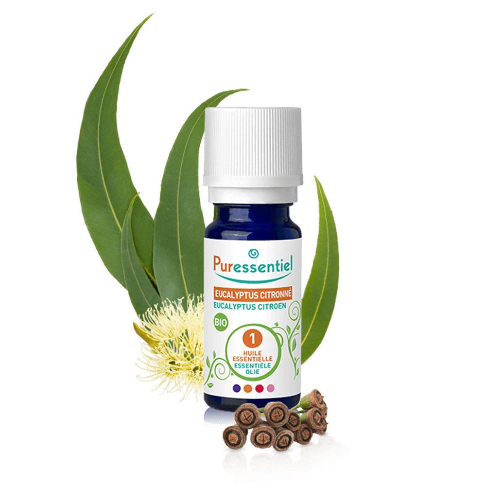 Flacon brun avec bouchon blanc. Feuilles et fleurs d'eucalyptus. Inscription: Eucalyptus Citriodora. BIO. Numéro 1. Huile.