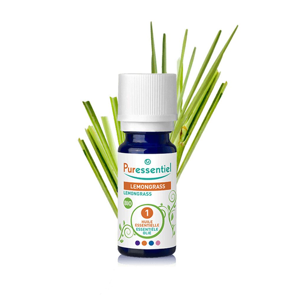 Flacon en verre brun avec bouchon blanc et herbe. Inscription : Puressentiel, Lemongrass, Bio. 1 Huile essentielle.