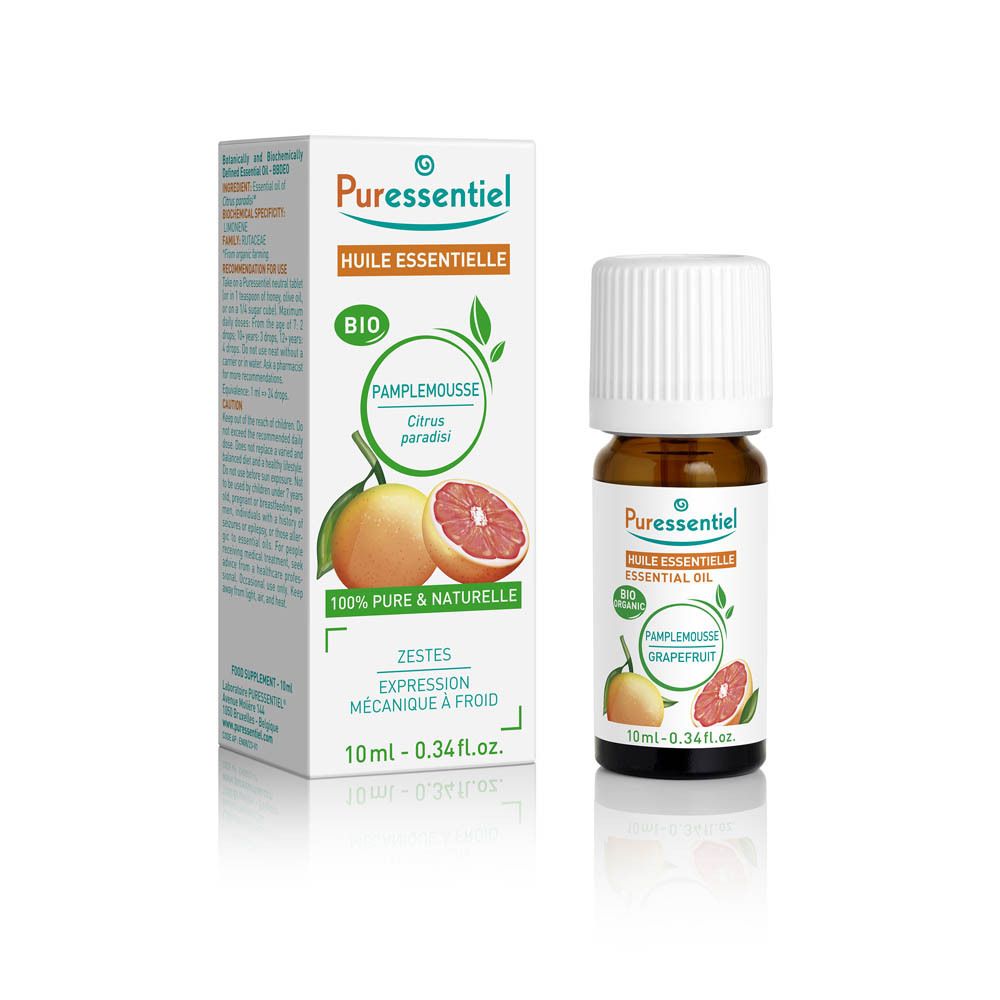 Puressentiel Bio-Grapefruitöl. Flasche und Verpackung. Aufschrift: Bio, 100% rein & natürlich. Grapefruit-Abbildung.