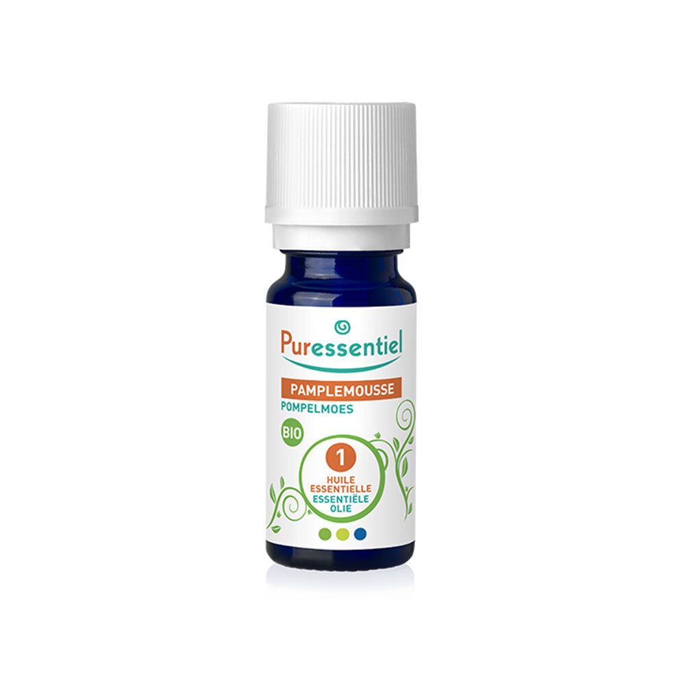 Puressentiel Bio-Grapefruitöl-Flasche. Blaue Flasche mit weißem Deckel. Aufschrift: Pamplemousse, Bio, Huile essentielle.