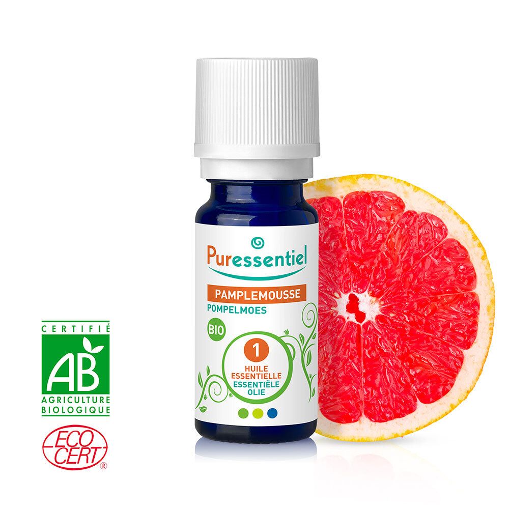 Puressentiel Bio-Grapefruitöl-Flasche, Grapefruit-Hälfte und Zertifizierungen. Blaue Flasche mit weißem Deckel. Aufschrift: Pamplemousse, Bio.