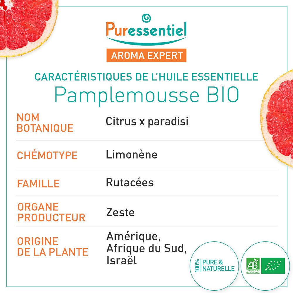 Infotafel zu Puressentiel Bio-Grapefruitöl. Botanischer Name, Chemotyp, Familie, Herkunft. AB- und Pure & Nature-Siegel.