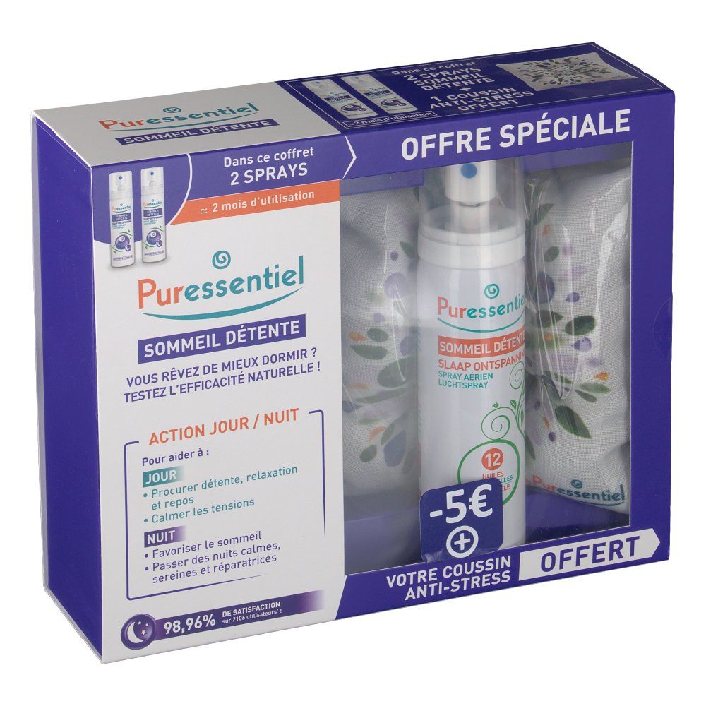 Coffret Puressentiel Sommeil Détente avec spray, coussin et deux sprays. Offre spéciale -5€.