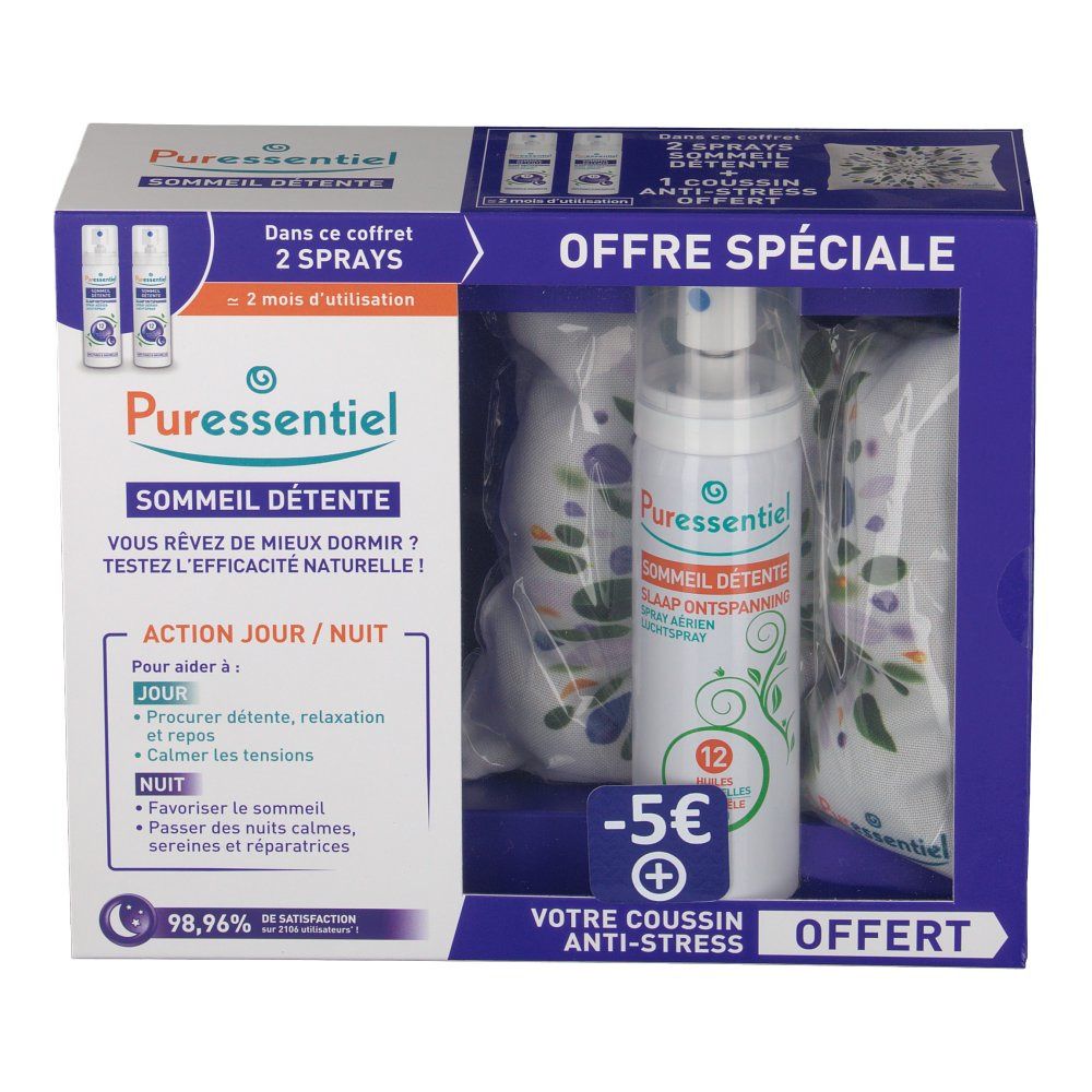 Coffret Puressentiel Sommeil Détente avec spray, coussin et deux sprays. Offre spéciale -5€.