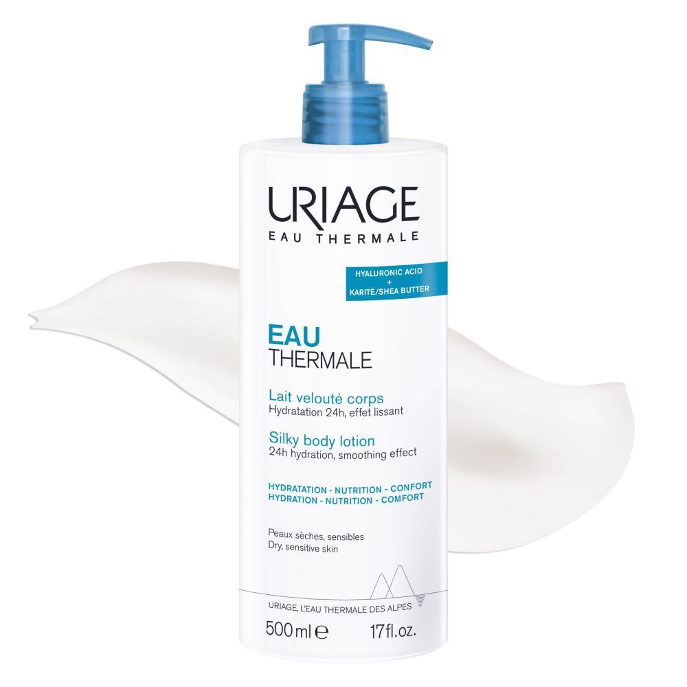 Uriage Lait velouté corps. Flacon blanc avec pompe bleue. 500ml. Texte.