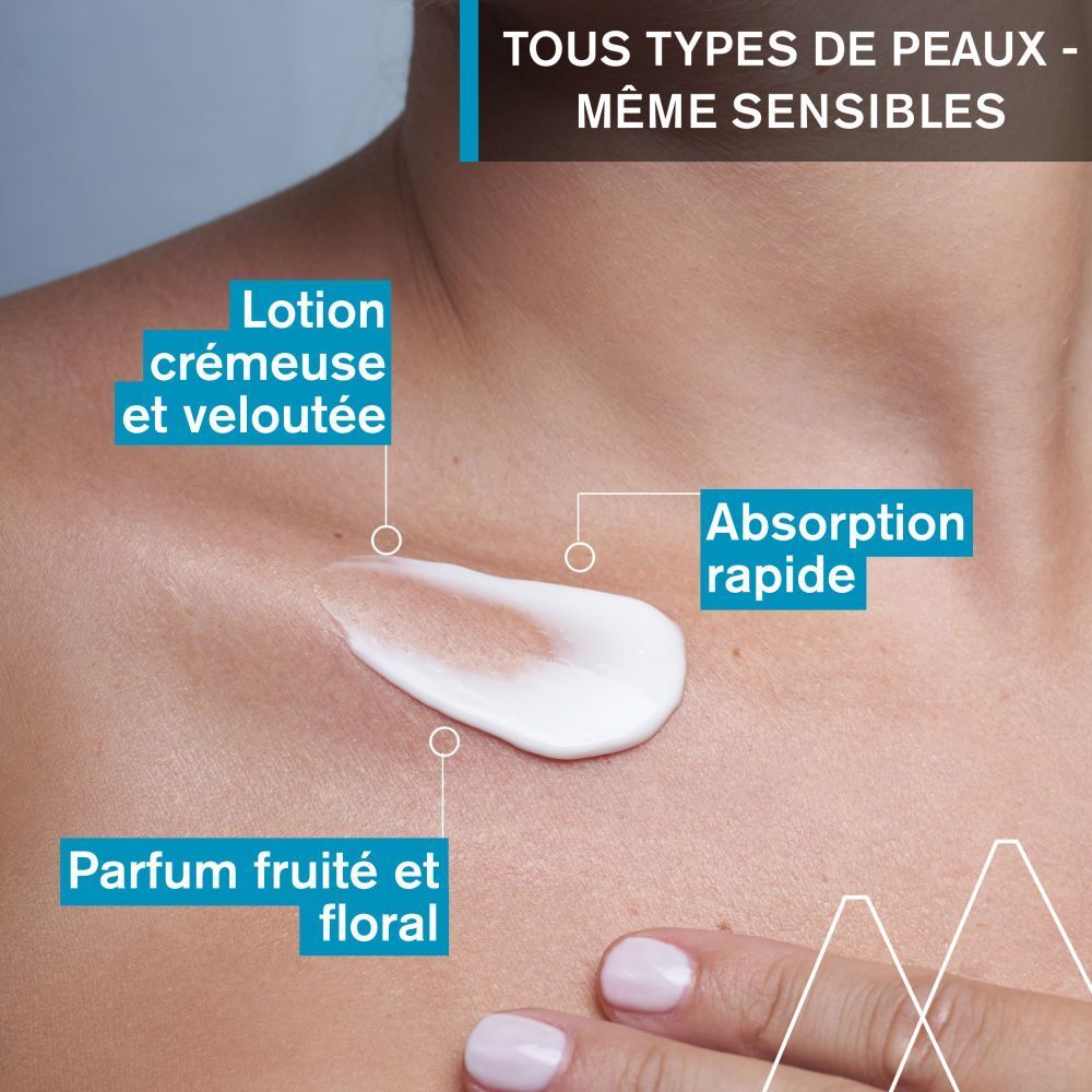 Crème sur la peau. Texte: Lotion crémeuse et veloutée, Parfum fruité et floral, Absorption rapide.