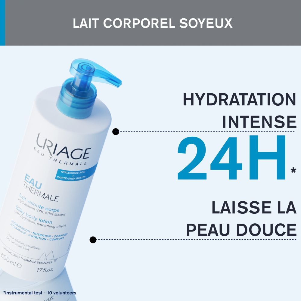Uriage Lait velouté corps. Flacon blanc avec pompe bleue. Texte: Hydratation intense 24H.