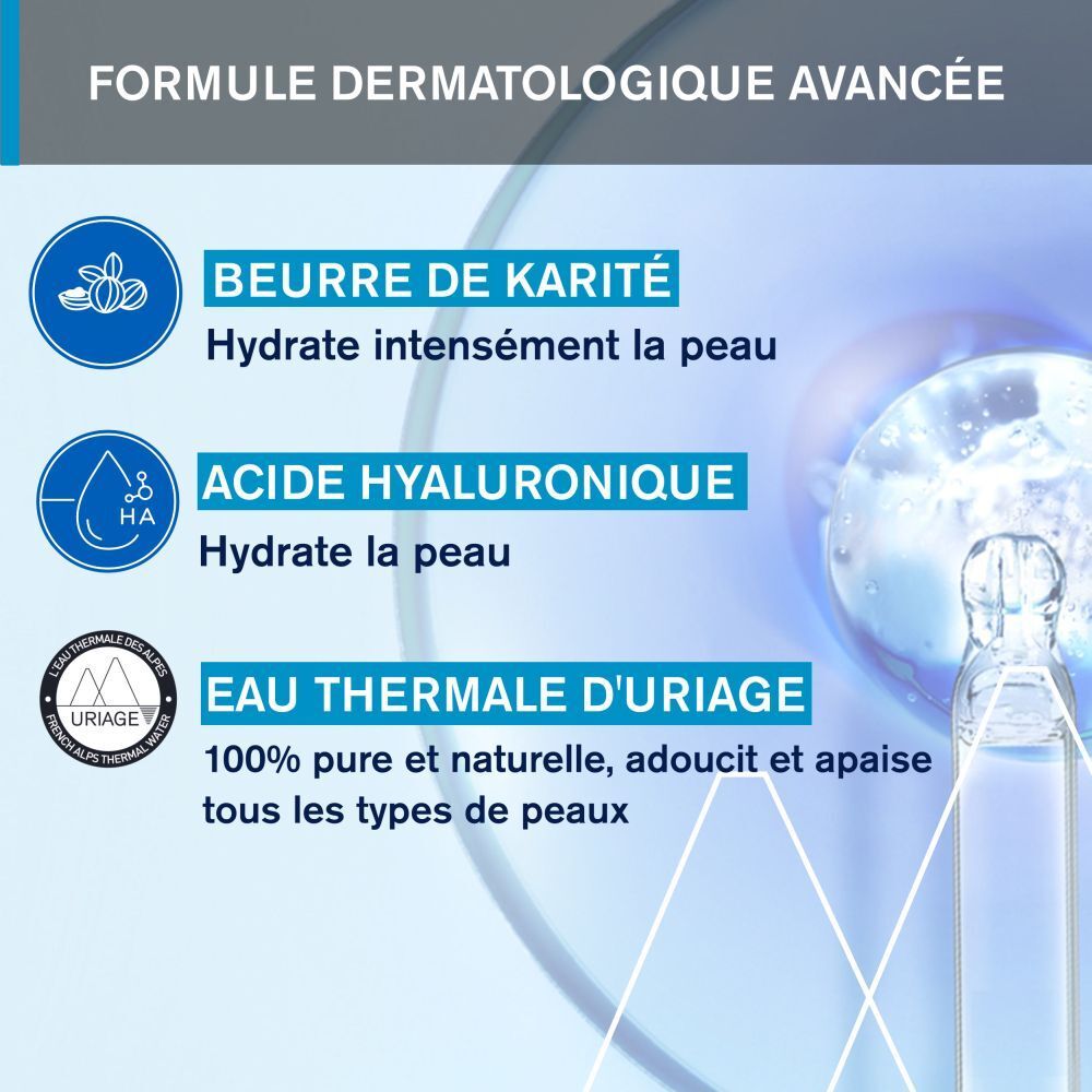 Texte: Beurre de Karité, Acide Hyaluronique, Eau Thermale d'Uriage. Illustration d'une pipette.